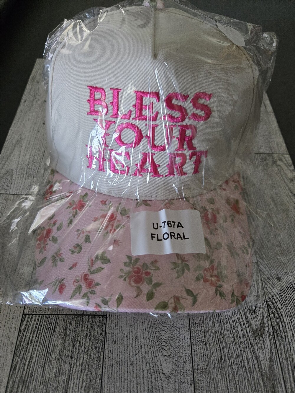 Womens Floral Pink & White Cap with "Bless Your Heart" Embroidery